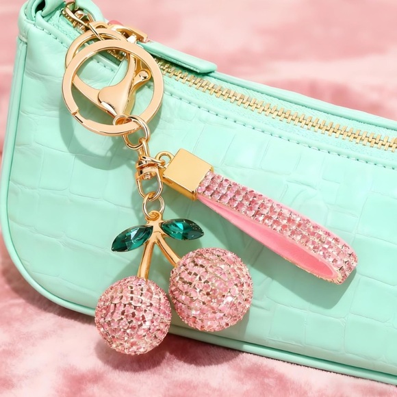 Pink Cherry Rhinestone Bling Keychain Accessory Bag Charm - Picture 4 of 7